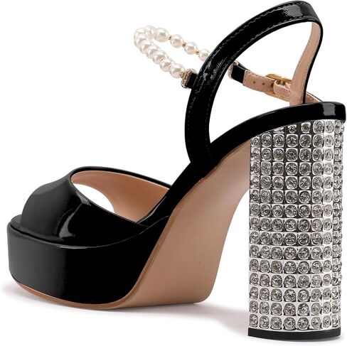 Jimishow Women's Platform Rhinestone Heeld Sandals Pearl Ankle Strap Peep Toe Wedding Heels Black Chunky High Heels Patent Leather Bridal Shoes in Saudi Arabia