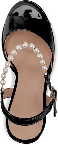 Jimishow Women's Platform Rhinestone Heeld Sandals Pearl Ankle Strap Peep Toe Wedding Heels Black Chunky High Heels Patent Leather Bridal Shoes in Saudi Arabia