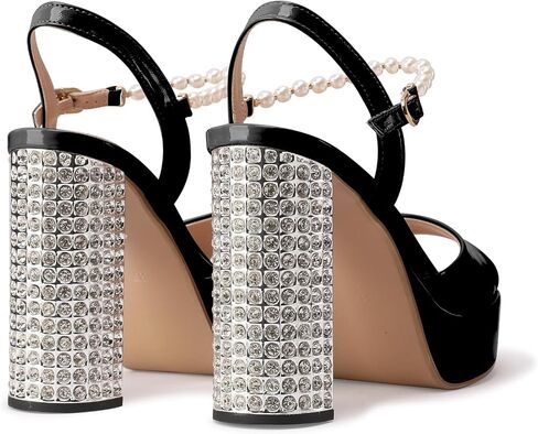Jimishow Women's Platform Rhinestone Heeld Sandals Pearl Ankle Strap Peep Toe Wedding Heels Black Chunky High Heels Patent Leather Bridal Shoes in Saudi Arabia