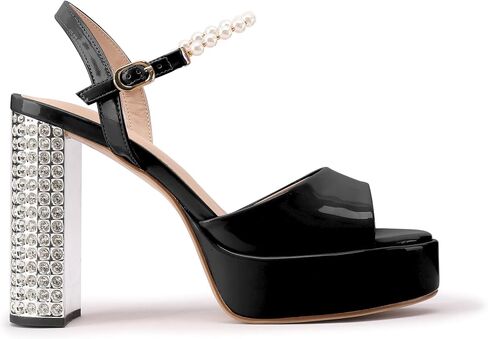 Jimishow Women's Platform Rhinestone Heeld Sandals Pearl Ankle Strap Peep Toe Wedding Heels Black Chunky High Heels Patent Leather Bridal Shoes in Saudi Arabia