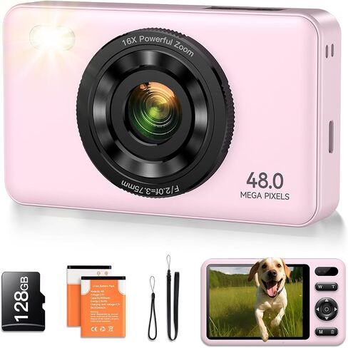 Digital Camera with 128GB SD Card Autofocus 48MP 2.7K Cameras for Photography 16X Digital Zoom Anti Shake 2 Batteries Kids Camera for Beginner Boys Girls Teens Gift-Black in Saudi Arabia