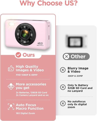 Digital Camera with 128GB SD Card Autofocus 48MP 2.7K Cameras for Photography 16X Digital Zoom Anti Shake 2 Batteries Kids Camera for Beginner Boys Girls Teens Gift-Black in Saudi Arabia