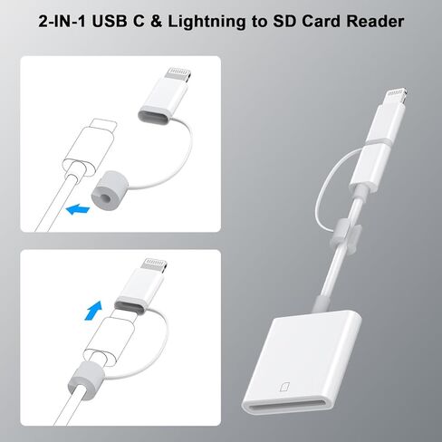 قارئ بطاقة SD لجهاز iPhone iPad، قارئ بطاقة ذاكرة USB C وموصل Lightning مزدوج، محول قارئ بطاقة SD 2 في 1 لهاتف iPhone 16 15 14 13 12 11 XS XR X 8، عارض كاميرا محمول، التوصيل والتشغيل in Kuwait