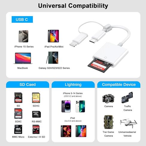 قارئ بطاقة SD لجهاز iPhone iPad، قارئ بطاقة ذاكرة USB C وموصل Lightning مزدوج، محول قارئ بطاقة SD 2 في 1 لهاتف iPhone 16 15 14 13 12 11 XS XR X 8، عارض كاميرا محمول، التوصيل والتشغيل in Kuwait