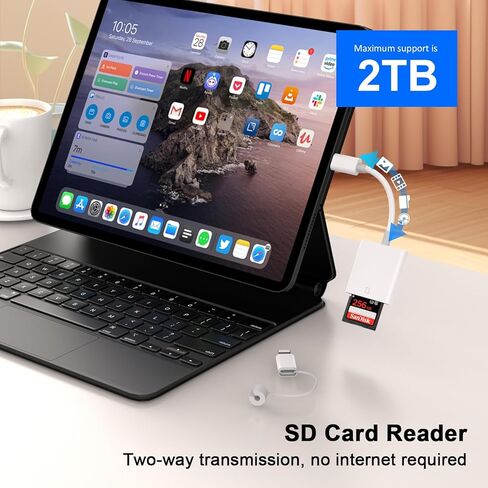 قارئ بطاقة SD لجهاز iPhone iPad، قارئ بطاقة ذاكرة USB C وموصل Lightning مزدوج، محول قارئ بطاقة SD 2 في 1 لهاتف iPhone 16 15 14 13 12 11 XS XR X 8، عارض كاميرا محمول، التوصيل والتشغيل in Kuwait