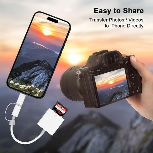 قارئ بطاقة SD لجهاز iPhone iPad، قارئ بطاقة ذاكرة USB C وموصل Lightning مزدوج، محول قارئ بطاقة SD 2 في 1 لهاتف iPhone 16 15 14 13 12 11 XS XR X 8، عارض كاميرا محمول، التوصيل والتشغيل in Kuwait