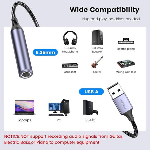 محول صوت MOSWAG USB إلى 1/4 جاك، محول USB إلى 6.35 مم أنثى لسماعات الرأس مع بطاقة صوت خارجية USB متوافقة مع الكمبيوتر المحمول والكمبيوتر الشخصي ومكبر الصوت ومكبر الصوت وسماعات رأس 6.35 مم in Kuwait