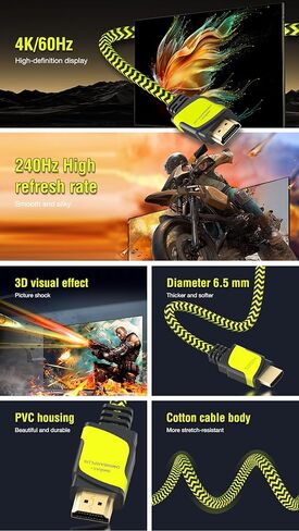 كابل HDMI 4K 60 هرتز 6 أقدام، سلك HDMI مجدول فائق السرعة، 18 جيجابت في الثانية، 4K @ 60 هرتز، فائق الدقة، 2160P، 1080P، ARC، ثلاثي الأبعاد، HDCP 2.2 سلك HDMI للكمبيوتر المحمول، الشاشة، PS5، PS4، Xbox One، Fire TV in Kuwait
