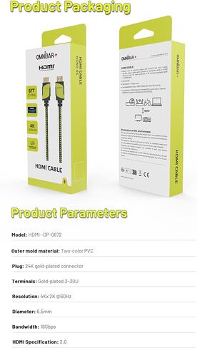 كابل HDMI 4K 60 هرتز 6 أقدام، سلك HDMI مجدول فائق السرعة، 18 جيجابت في الثانية، 4K @ 60 هرتز، فائق الدقة، 2160P، 1080P، ARC، ثلاثي الأبعاد، HDCP 2.2 سلك HDMI للكمبيوتر المحمول، الشاشة، PS5، PS4، Xbox One، Fire TV in Kuwait
