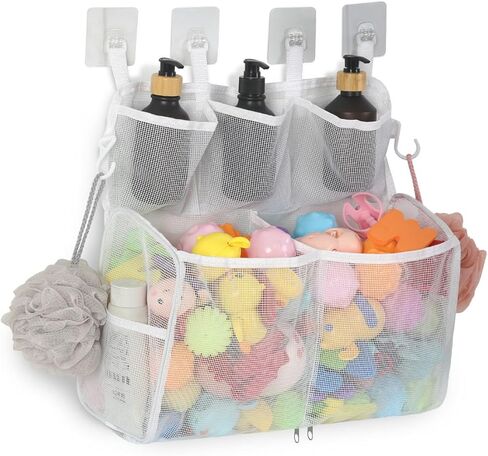 Bath Toy Storage, 2 Layers Large Capacity Bath Toy Holder, Quick Release Bathtub Toy Storage with Buttom Zipper, Mesh Shower Caddy Organizer Basket Bin with 7 Pockets for Bathroom Toys - White in Saudi Arabia
