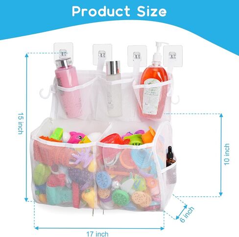 Bath Toy Storage, 2 Layers Large Capacity Bath Toy Holder, Quick Release Bathtub Toy Storage with Buttom Zipper, Mesh Shower Caddy Organizer Basket Bin with 7 Pockets for Bathroom Toys - White in Saudi Arabia