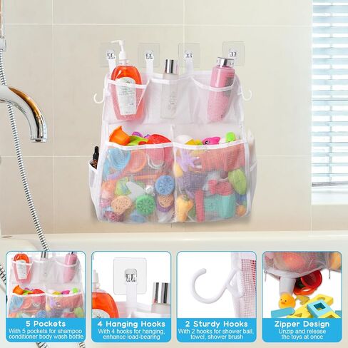 Bath Toy Storage, 2 Layers Large Capacity Bath Toy Holder, Quick Release Bathtub Toy Storage with Buttom Zipper, Mesh Shower Caddy Organizer Basket Bin with 7 Pockets for Bathroom Toys - White in Saudi Arabia