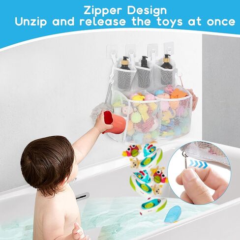 Bath Toy Storage, 2 Layers Large Capacity Bath Toy Holder, Quick Release Bathtub Toy Storage with Buttom Zipper, Mesh Shower Caddy Organizer Basket Bin with 7 Pockets for Bathroom Toys - White in Saudi Arabia