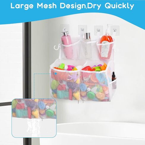 Bath Toy Storage, 2 Layers Large Capacity Bath Toy Holder, Quick Release Bathtub Toy Storage with Buttom Zipper, Mesh Shower Caddy Organizer Basket Bin with 7 Pockets for Bathroom Toys - White in Saudi Arabia