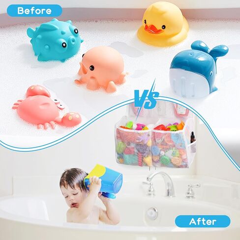 Bath Toy Storage, 2 Layers Large Capacity Bath Toy Holder, Quick Release Bathtub Toy Storage with Buttom Zipper, Mesh Shower Caddy Organizer Basket Bin with 7 Pockets for Bathroom Toys - White in Saudi Arabia
