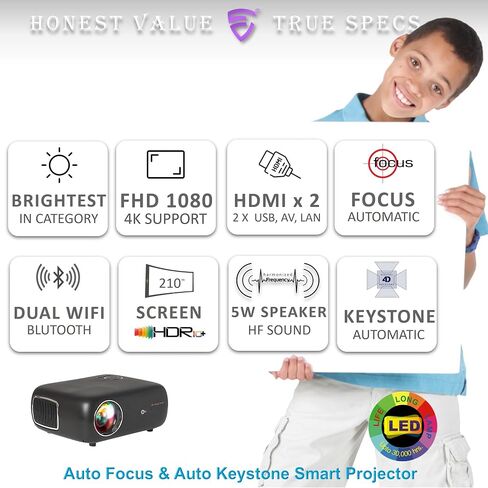 جهاز عرض EGate • تلقائي وذكي • أصلي 1080P Full HD WiFi Bluetooth • جهاز عرض أفلام خارجي محمول بقوة 12900 لومن • متوافق مع أجهزة الكمبيوتر المحمول والهواتف الذكية وجهاز التلفاز وجهاز PS5 • التركيز التلقائي على Keystone in Saudi Arabia