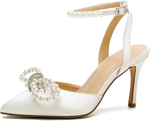 Women's Closed Toe High Heels Satin Wedding Pumps with Pearls Rhinestone Bow Ankle Strap Stiletto High Heel Sandals in Saudi Arabia