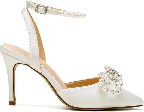 Women's Closed Toe High Heels Satin Wedding Pumps with Pearls Rhinestone Bow Ankle Strap Stiletto High Heel Sandals in Saudi Arabia