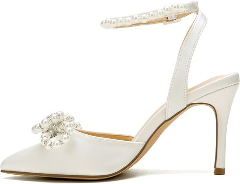 Women's Closed Toe High Heels Satin Wedding Pumps with Pearls Rhinestone Bow Ankle Strap Stiletto High Heel Sandals in Saudi Arabia