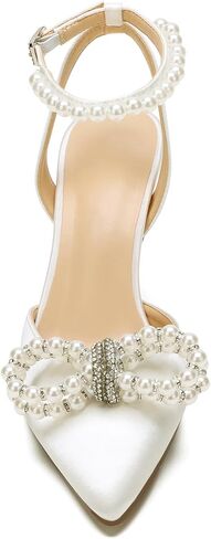 Women's Closed Toe High Heels Satin Wedding Pumps with Pearls Rhinestone Bow Ankle Strap Stiletto High Heel Sandals in Saudi Arabia