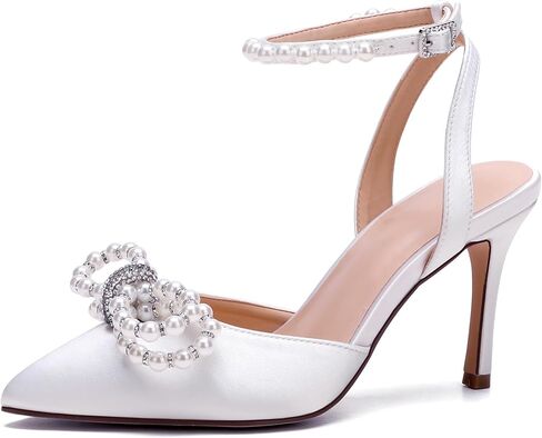 Women's Closed Toe High Heels Satin Wedding Pumps with Pearls Rhinestone Bow Ankle Strap Stiletto High Heel Sandals in Saudi Arabia
