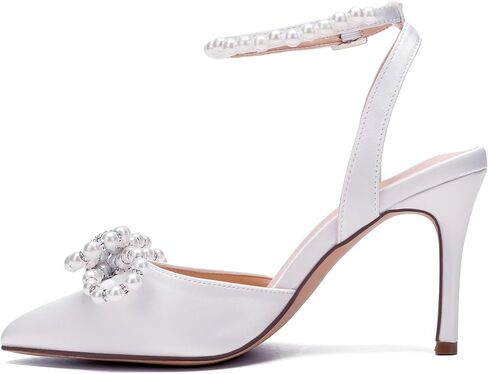 Women's Closed Toe High Heels Satin Wedding Pumps with Pearls Rhinestone Bow Ankle Strap Stiletto High Heel Sandals in Saudi Arabia