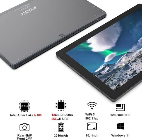 AWOW Windows 11 Home Tablet PC Intel N100 Quad-Core Processor, 12GB DDR5 RAM 256GB Storage, 10.1 Inch 2 in 1 Laptop Touchscreen with Detachable Keyboard, 2.4G+5G WiFi, Bluetooth, USB3.0, HDMI in Saudi Arabia