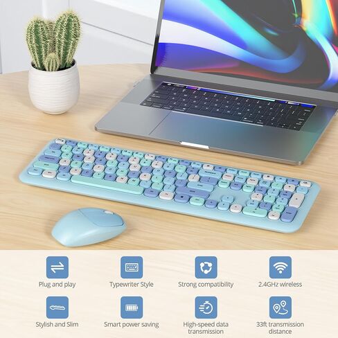 Wireless Typewriter Keyboard and Mouse Combo Retro 104 Key Full Size Office Set Purple Keyboard with Silent Round Keycaps, Ideal for Laptop and Desktop PCs, Cute esign Keyboard.(Purple) in Saudi Arabia