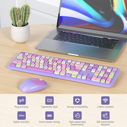 Wireless Typewriter Keyboard and Mouse Combo Retro 104 Key Full Size Office Set Purple Keyboard with Silent Round Keycaps, Ideal for Laptop and Desktop PCs, Cute esign Keyboard.(Purple) in Saudi Arabia