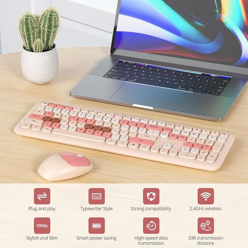 Wireless Typewriter Keyboard and Mouse Combo Retro 104 Key Full Size Office Set Black and Gray Keyboard with Silent Round Keycaps, Ideal for Laptop and Desktop PCs, Cute Design Keyboard in Kuwait