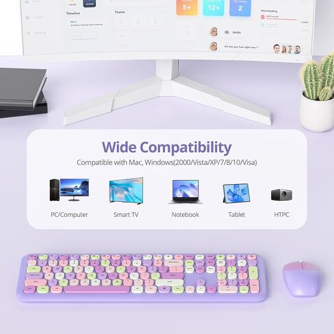 Wireless Typewriter Keyboard and Mouse Combo Retro 104 Key Full Size Office Set Purple Keyboard with Silent Round Keycaps, Ideal for Laptop and Desktop PCs, Cute esign Keyboard.(Purple) in Saudi Arabia