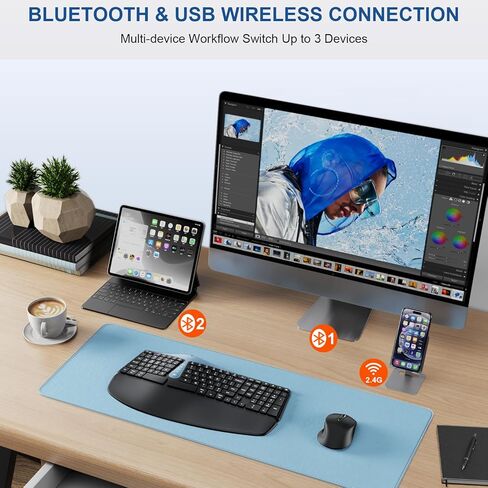 لوحة مفاتيح وماوس لاسلكي مريح، MK835 Ergo Bluetooth/2.4G مجموعة لوحة مفاتيح وماوس بتصميم منفصل مع مسند راحة اليد مبطن، أجهزة متعددة، مفاتيح موجة، قابلة للشحن، لنظام التشغيل Windows/Mac/Android (رمادي داكن) in Kuwait