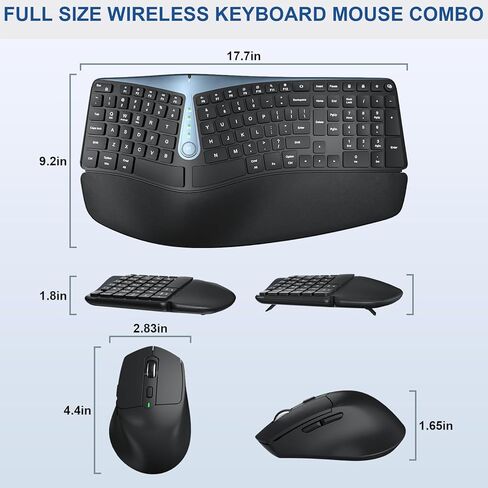 لوحة مفاتيح وماوس لاسلكي مريح، MK835 Ergo Bluetooth/2.4G مجموعة لوحة مفاتيح وماوس بتصميم منفصل مع مسند راحة اليد مبطن، أجهزة متعددة، مفاتيح موجة، قابلة للشحن، لنظام التشغيل Windows/Mac/Android (رمادي داكن) in Kuwait
