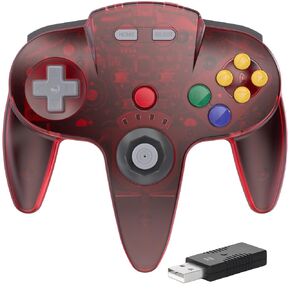 2.4 GHz Wireless N64 Switch Online Controller, USB Receiver, Compatible with Windows PC Laptop iOS Mac Raspberry Pi, Switch Online/NSO - (Rechargeable) (Plug and Play) Clear Red