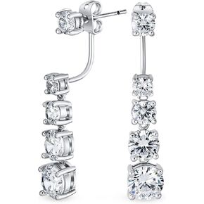 Bridal Prom Round Bubble Bezel Set AAA CZ Cubic Zirconia Linear Drop Love Is A Journey Wedding Pearl Earrings Jacket For Women .925 Sterling Silver