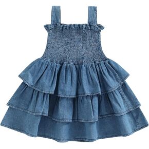 Toddler Girl Summer Sundresses Baby Denim Ruffle Dress Sleeveless Strap Pleated A-line Layered Cake Flowy Jean Dress