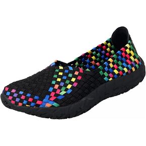 Lifup Women's Sidewalk Slip on Flat Elastic Woven Walking Shoes Lightweight Breathable Mesh Walking Sneakers Running Shoes