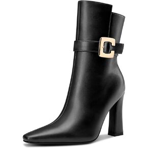 HDEUOLM Womens Chunky Block High Heel Square Toe Ankle Boots Short Bootie Mid Calf Boots Side Zipper Buckle Office Basic Classic Boots