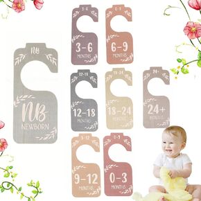 Baby Closet Dividers for Clothes Organizer - 8 PCS Adorable Wooden Double-Sided Baby Clothes Size Hanger Organizer from Newborn to Toddler for Nursery Decor