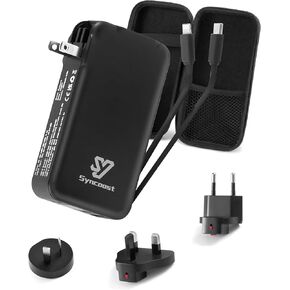 Portable Charger for Travel, 5 in 1 Power Bank with US/UK/EU/AU Plug, International Travel essential, 10000mAh Battery Pack Built-in Cables & Wall Plug 22.5W for iPhone Samsung Phones, Include Case