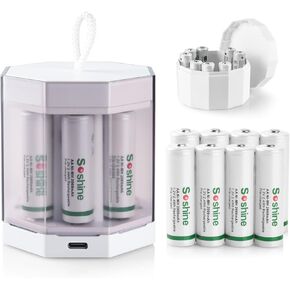 Soshine Rechargeable AA Batteries with Charger, 8-Pack 2000mAh High Capacity Ni-MH Batteries, 8-Bay USB Fast Charger, White