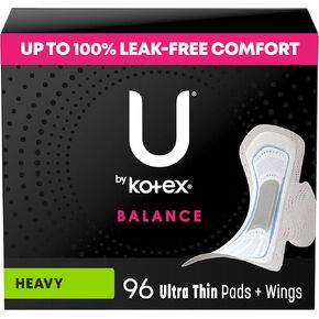 فوط U من Kotex Balance رفيعة للغاية مع أجنحة، شديدة الامتصاص، 96 قطعة (6 عبوات من 16) (قد تختلف التعبئة)