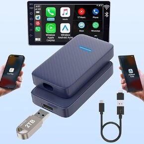 2 in 1 Wireless CarPlay Adapter and Android Auto Wireless Adapter, Fast & Auto Converts Wired Car Play to Wireless for iPhone & Android, USB Carplay Adapter for Factory Wired CarPlay Cars Plug & Play