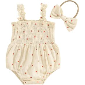 Newborn Baby Girl Daisy Romper Summer Sleeveless Strap Smocked Ruched Cotton Linen Bodysuit Bubble Jumpsuit Headband