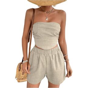 MakeMeChic Women's 2 Piece Summer Outfits Strapless Ruched Shirred Bandeau Tube Crop Top Shorts Set