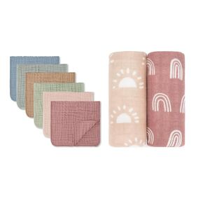 Comfy Cubs Muslin Burp Cloths and 2 Pack Muslin Swaddle Blankets Bundled