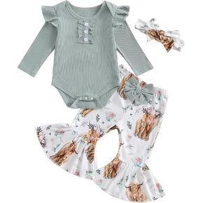 ZAXARRA Toddler Baby Girls Holiday Outfits Solid Color Ruffle Rompers Tops FlowerPumpkin Print Flare Pants Clothing Sets