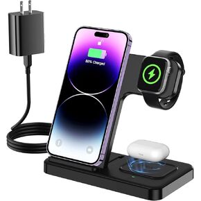 Wireless Charger iPhone, 3 in 1 Charging Station Apple 18W Fast Charging Station for Multiple Devices Apple - iPhone 15 14 Pro Max 13 12 11 - iWatch 8 7 6 5 4 3 2 Se - Airpods 3 2 Pro (with Adapter)