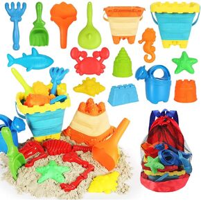 Elovien Beach Sand Toys, 50Pcs Sandbox Toys with 2 Collapsible Buckets, Mesh Backpack Bag, Shovels, Ice Cream, Cake & Castle Sand Molds, Summer Outdoor Travel Toys for Kids Toddlers Girls