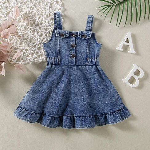 Toddler Girl Summer Sundresses Baby Denim Ruffle Dress Sleeveless Strap Pleated A-line Layered Cake Flowy Jean Dress in Saudi Arabia
